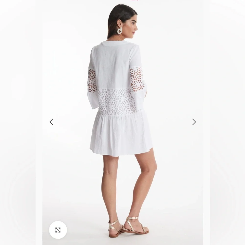 Tyler Boe Izzy Eyelet Topper Crochet Dress w Bell Sleeves Notch Neck White - Picture 4 of 15